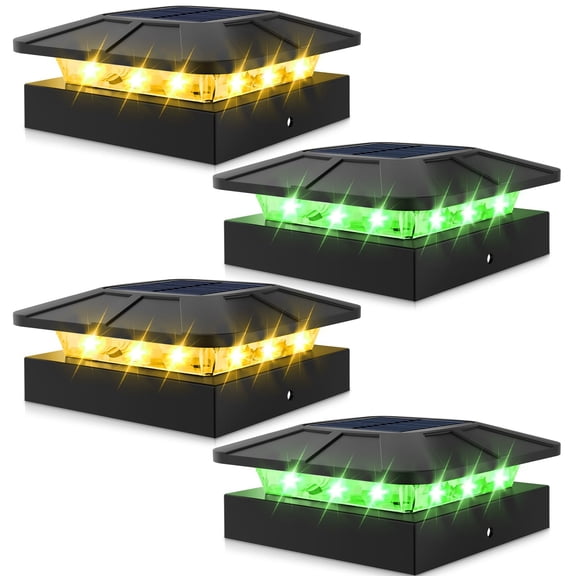 4 Pack Solar Fence Post Lights, Switchable Green or Warm White LED Waterproof for Deck Patio Yard Black, Solar Lights For Outside Wall