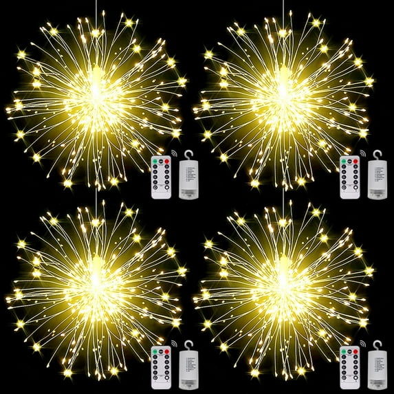 4 Pack Solar Firework Lights 120 LED Solar Garden Dandelion Christmas Lights Lights, 8 Lighting Modes Solar Starburst Lights with Remote for Outdoor Pathway Flowerbed Party Decorations (Warm White)