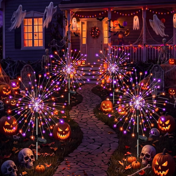 4 Pack Solar Firework Lights Outdoor, 120LED Starburst Garden Lights with 8 Modes, Waterproof Decorative Landscape Lights for Backyard Patio Lawn,Orange & Purple