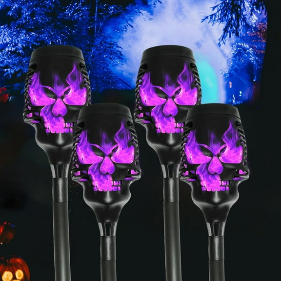 4-pack Solar Flame Lights, Purple Halloween Decor, LED Waterproof Bamboo Yard Torch for Outside Garden Home Patio Pathway
