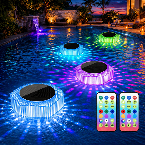 4 Pack Solar Floating Pool Lights RGB Color Changing IP68 Waterproof Pool Lights Solar Powered Outdoor Remote Control Floating LED Lights for Pool Pond Lawn Garden Decor