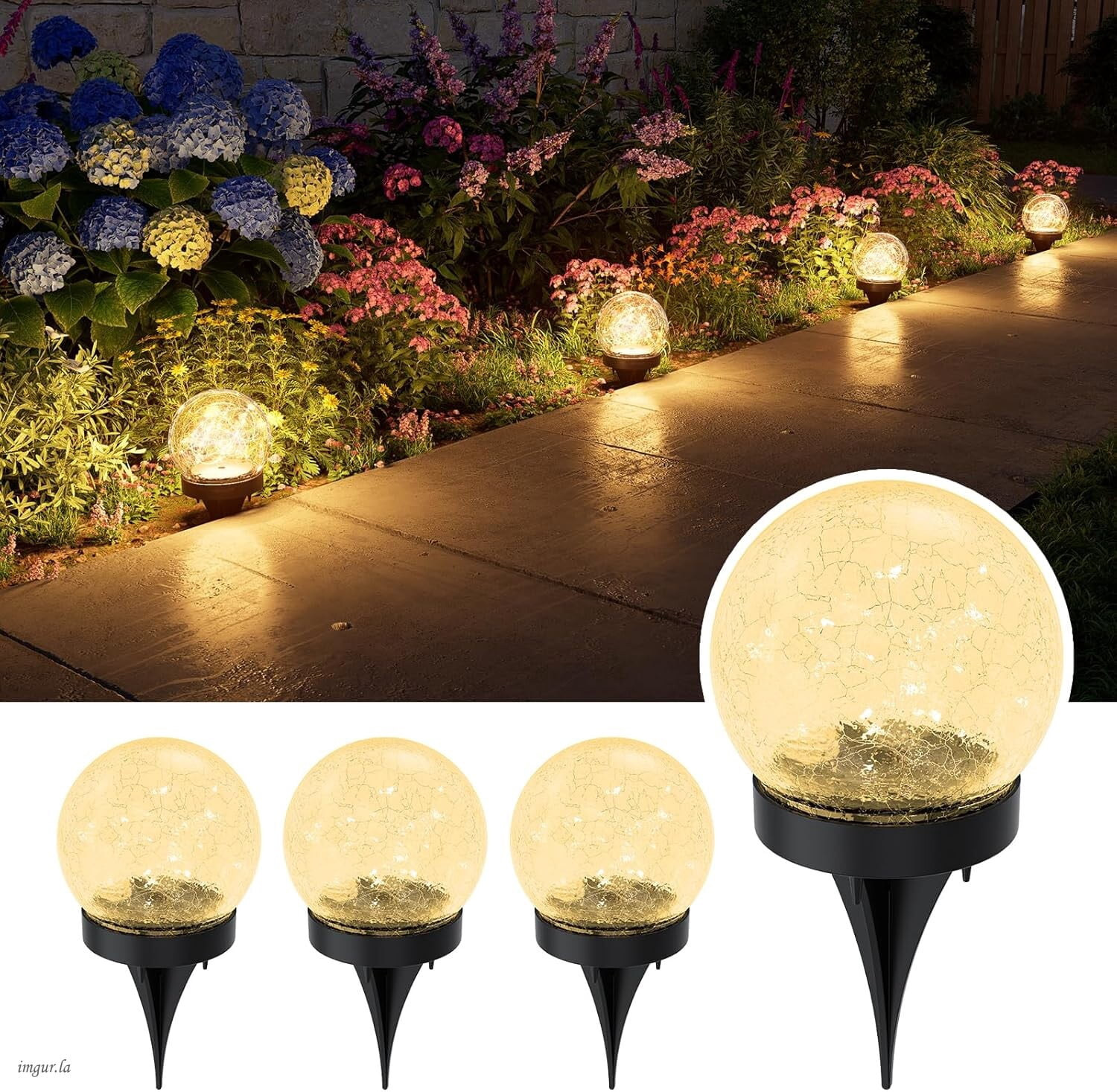4 Pack Solar Globe Lights Outdoor, 3.9 inch Warm White LED Cracked Glass Path Lights, Waterproof Solar Landscape Lighting for Garden, Yard, Patio, Walkway & Step Decoration