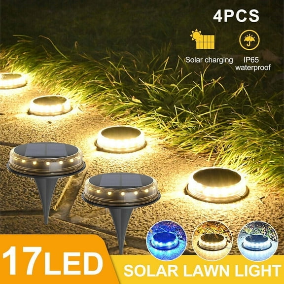 4 Pack Solar Ground Lights Outdoor - 17 LED Solar Lights Outdoor Waterproof Flat Solar Pathway Lights, Solar Disc Lights for Yard Garden Walkway Deck Patio Landscape Lawn Driveway (Warm White)