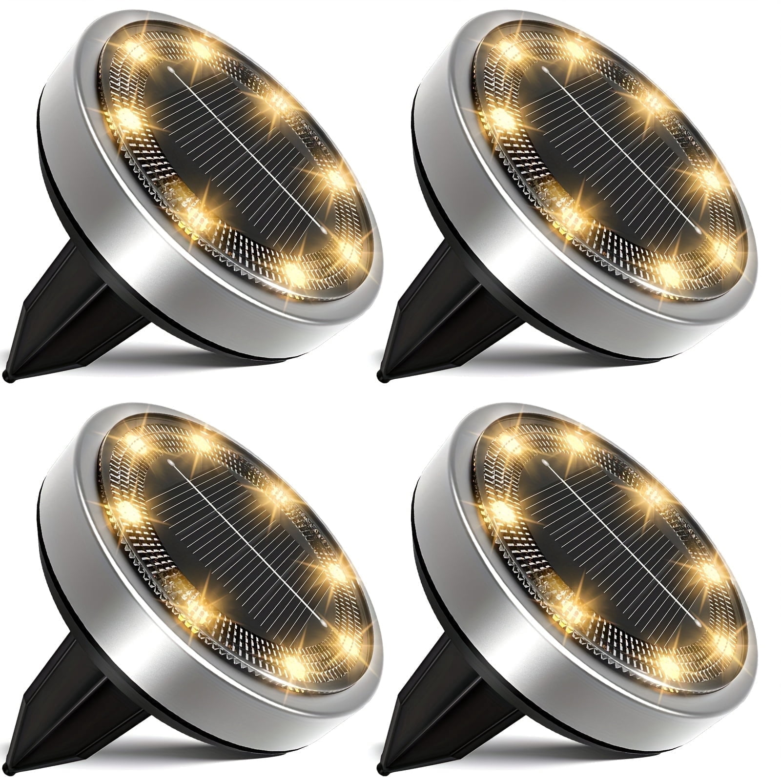 4 Pack Solar Ground Lights Outdoor - 8 LED Solar Pathway Lights with Auto On/Off, IP44 Waterproof, Warm White for Garden, Walkway, Driveway, Stairs & More