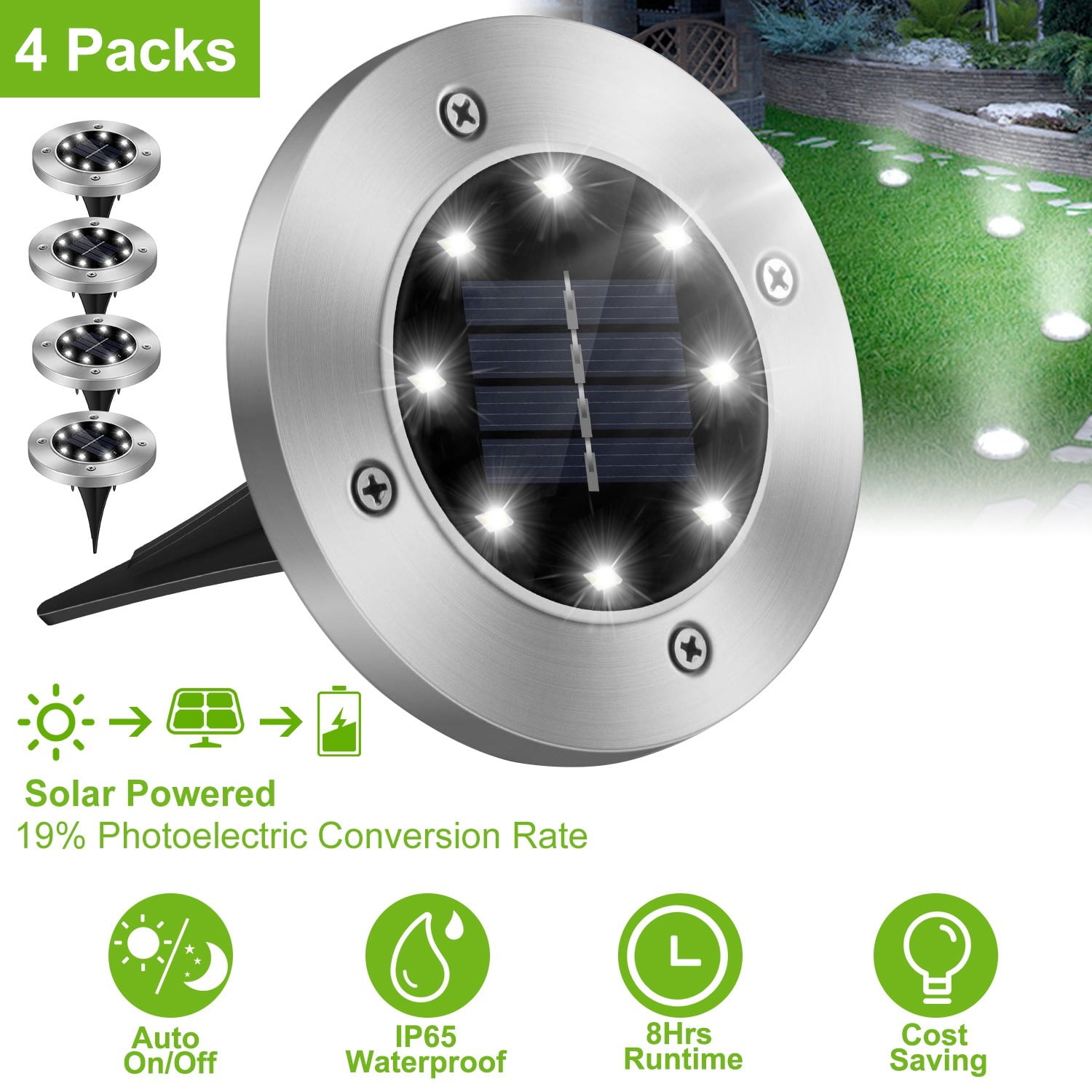 4-Pack Solar Ground Lights with 8 LED Beads, IP65 Waterproof, Auto On/Off, 8-Hour Working Time, Stainless Steel Path Lights for Garden Driveway