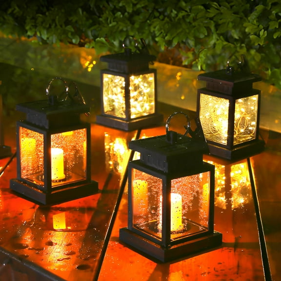 4 Pack Solar Hanging Lantern Outdoor,Waterproof Solar Lights with LED Flickering Flameless Candle Warm White for Garden,Patio , Lawn, Deck , Umbrella, Tent, Tree,Yard,Driveway