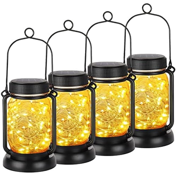 4 Pack Solar Hanging Lantern with Stakes, Outdoor Waterproof Solar Mason Jar Fairy String Lights Decorative Vintage Glass Lamp-Warm White
