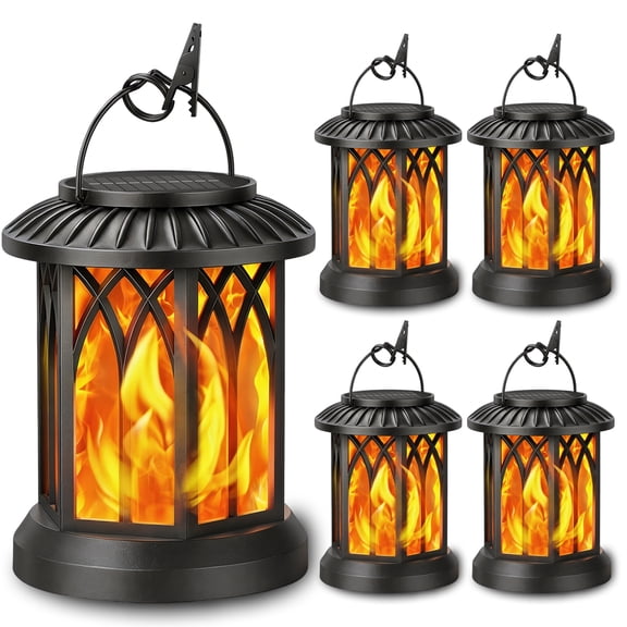 4-Pack Solar Hanging Lanterns, Flickering Flame Outdoor Decorative Lights, IP65 Water-Resistant, Black