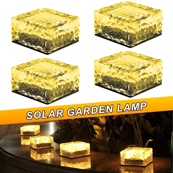 4 Pack Solar Ice Glass Brick Ground Lights, Waterproof Outdoor Solar Pathway Lights, Auto Dusk to Dawn LED Solar Paver Lights, Solar Step Path Lights for Garden Walkway Landscape Decor Warm Light