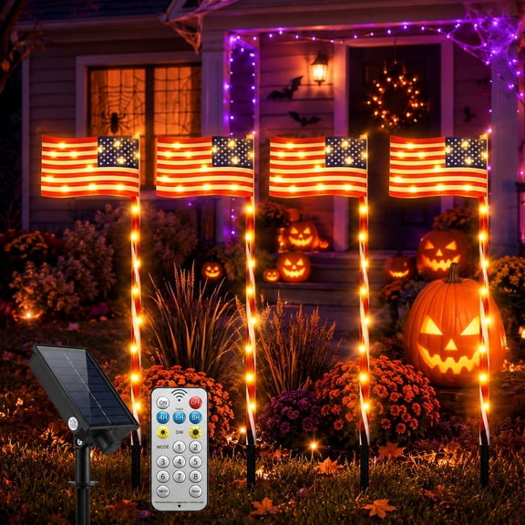 4 Pack Solar LED Flag Stake Lights Outdoor with Remote Control Garden Pathway Lights Waterproof Landscape Decorations Patriotic Outdoor Decor for USA 250th Anniversary Fall & Halloween