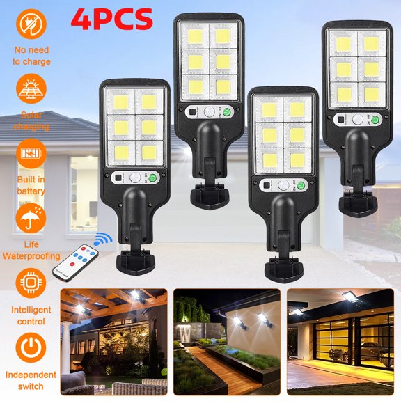 4 Pack Solar LED Street Light with Remote Control & PIR Motion Sensor, IP65 Waterproof 3 Lighting Modes Outdoor Solar Flood Light, Adjustable Security Wall Light for Yard Patio Garage Farm Pathway