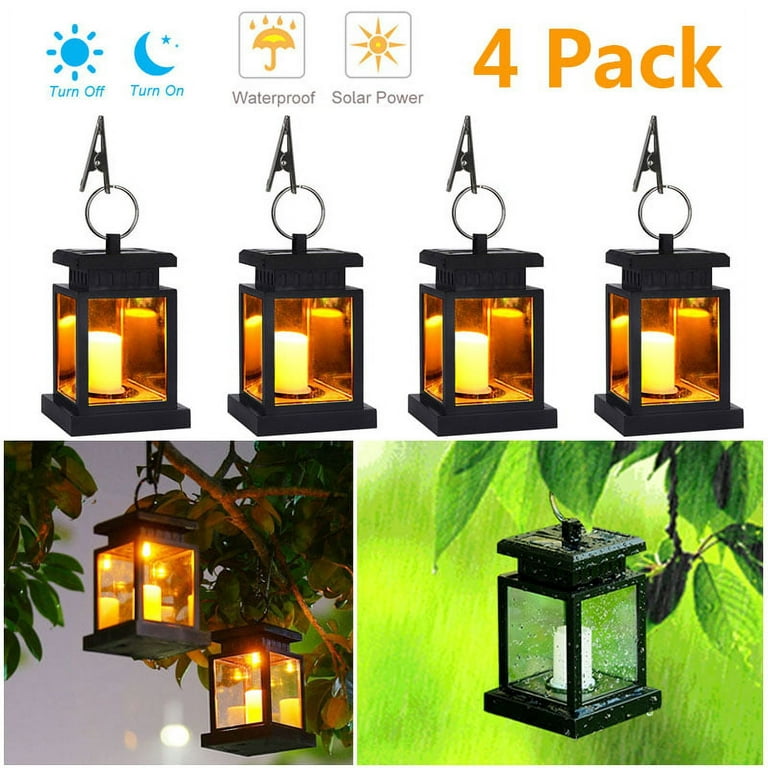 4 Pack Outdoor Hanging Solar Lantern Lights, Flickering Solar