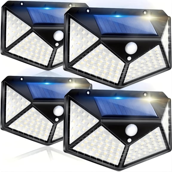 4 Pack Solar Lights Outdoor, 100 LED Solar Security Lights with 3 Modes, IP65 Waterproof Solar Motion Sensor Lights, 270° Wide Angle Flood Wall Lights for Yard, Garage, Deck, Patio