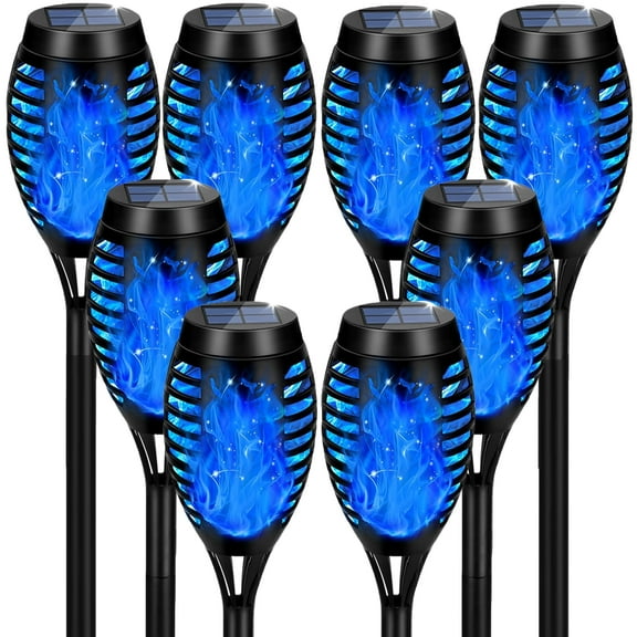 Outdoor Solar Garden Lights, 8 Packs Solar Tiki Torch Lights with Flickering Flame, Blue Lights Waterproof, Hallowee Decor Lights for Garden, Lawn, Patio, Yard Decor