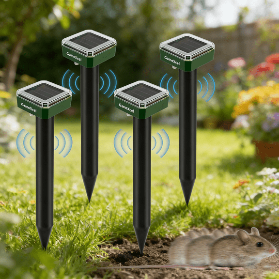 4-Pack Solar Mole Repellent - Ultrasonic Gopher/Vole Deterrent, Waterproof Sonic Spikes for Groundhogs, Snakes & Chipmunks