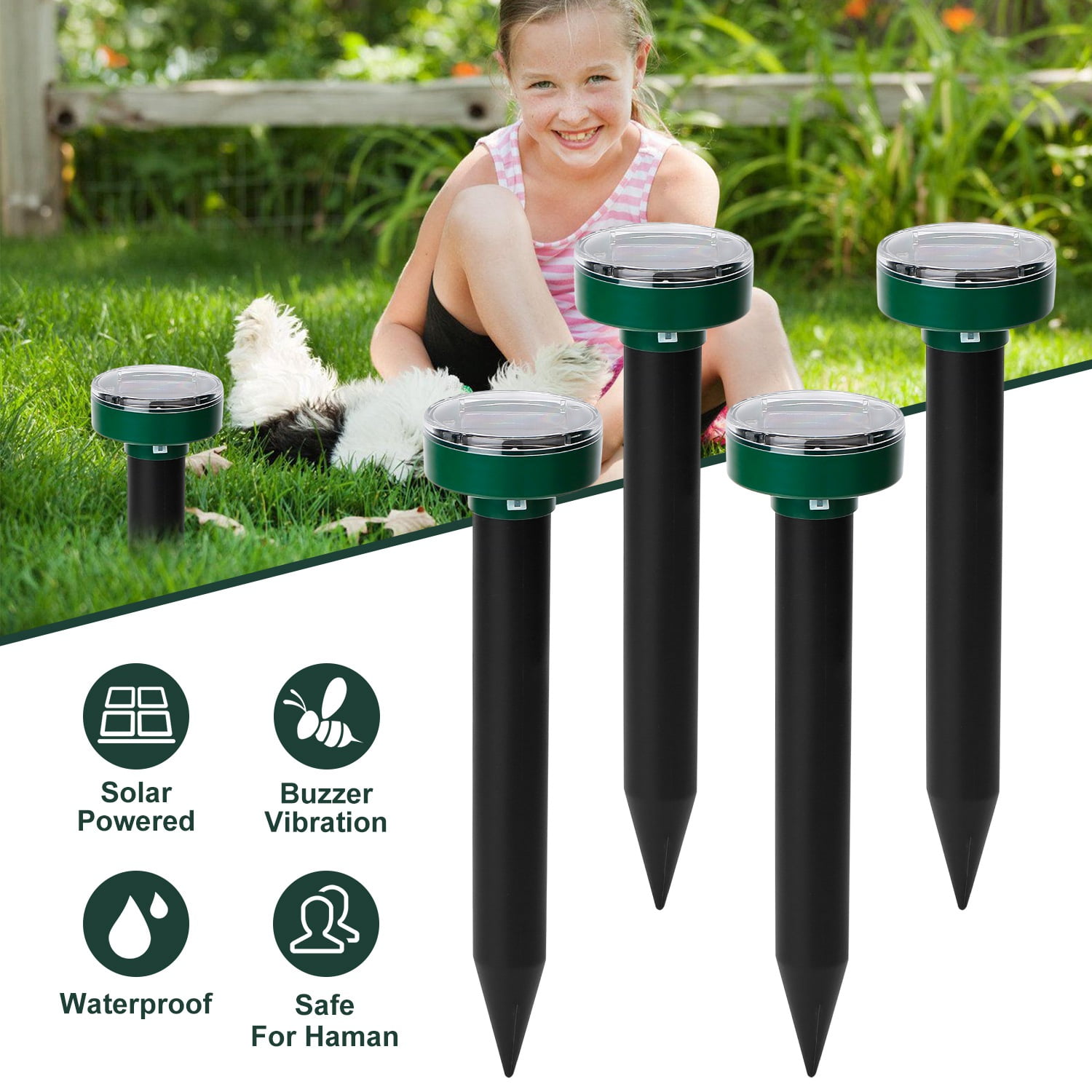 4 Pack Solar Mole Repeller, Ultrasonic 400-1000Hz Vibration Rodent Repellent, Waterproof Outdoor Animal Deterrent for Garden Farm Yard Patio, Repel Mole Gopher Vole