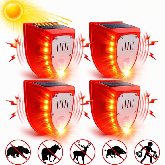 4-Pack Solar Motion Sensor Alarm Light, 129dB Gunshot & Dog Barking Sound, IP65 Waterproof Outdoor Security Light with 6 LED Strobe for Yard, Farm, Barn  Solar Powered, Easy Install