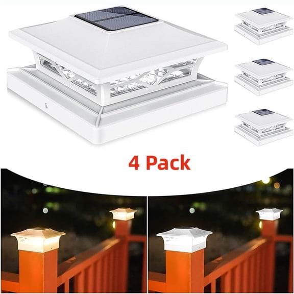 4 Pack Solar Post Cap Lights, 4''x4'' 6''x6'' Outdoor LED Fence Post Cap Lights, 2 Color Modes Solar Powered Deck Lights for Dock Waterproof, fit for Wooden/Vinyl Posts
