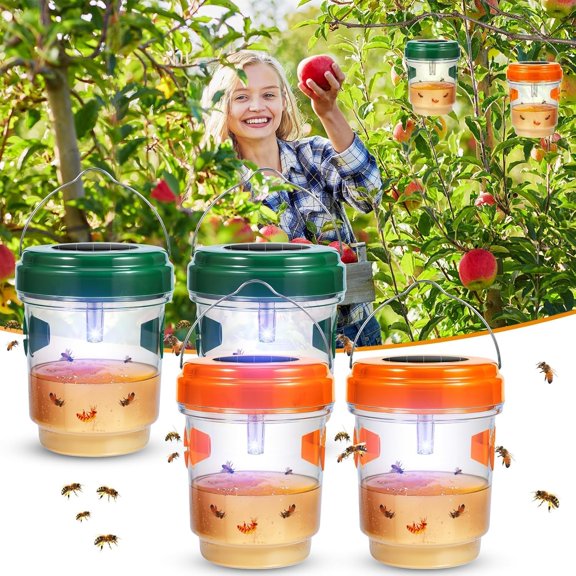4 Pack Solar Powered Lighted Wasp Trap Outdoor Hanging Hornet Bee Flying Insect Catcher - Effective Repellent with Attraction Light, Weatherproof for Backyard Garden Patio Camping Outside