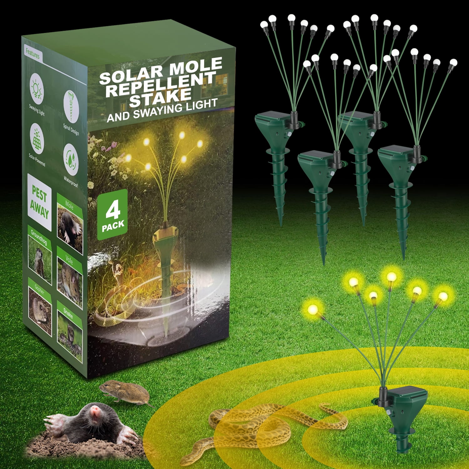 4 Pack Solar Powered Mole Repellent with Swaying Firefly Light, Ultrasonic Snake, Skunk, Gopher, Vole & Chipmunk Deterrent, IP65 Waterproof Outdoor Pest Control for Yard & Garden