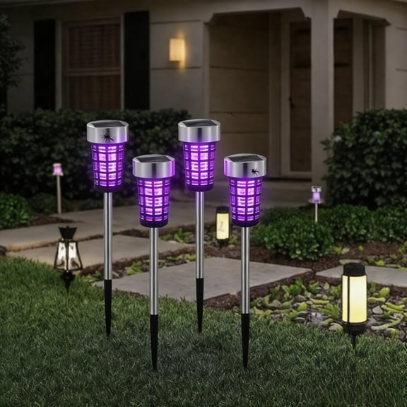 4-Pack Solar-Powered Outdoor Insect Killer Lamp – IP44-Rated LED Bug Zapper with Stainless Steel Mesh, No Electricity or Batteries Needed, Safe Physical Pest Control for Gardens, Pathways, Lawns, and