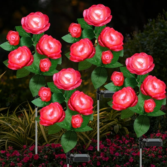 4 Pack Solar Rose Flower Lights, Outdoor Solar Garden Lights, LED Waterproof Solar Lights for Pathway Patio Yard Decor, Red