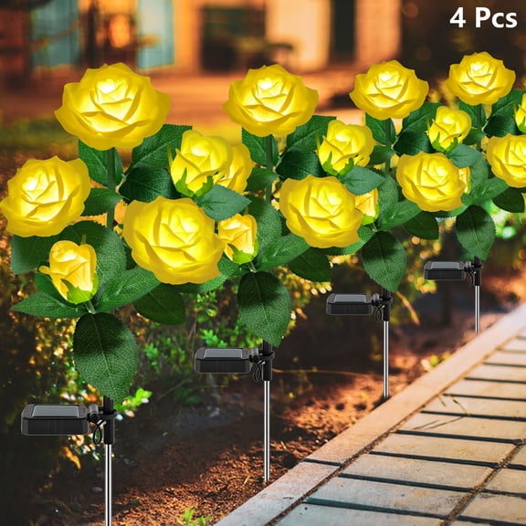 4 Pack Solar Rose Flower Lights, Outdoor Solar Garden Lights, LED Waterproof Solar Lights for Pathway Patio Yard Decor, Yellow