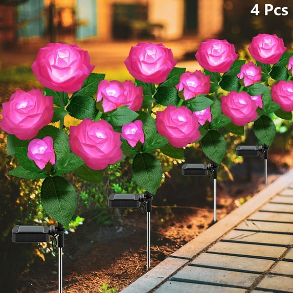 4 Pack Solar Rose Flower Lights, Outdoor Solar Garden Lights, LED Waterproof Solar Lights for Pathway Patio Yard Decor, Pink