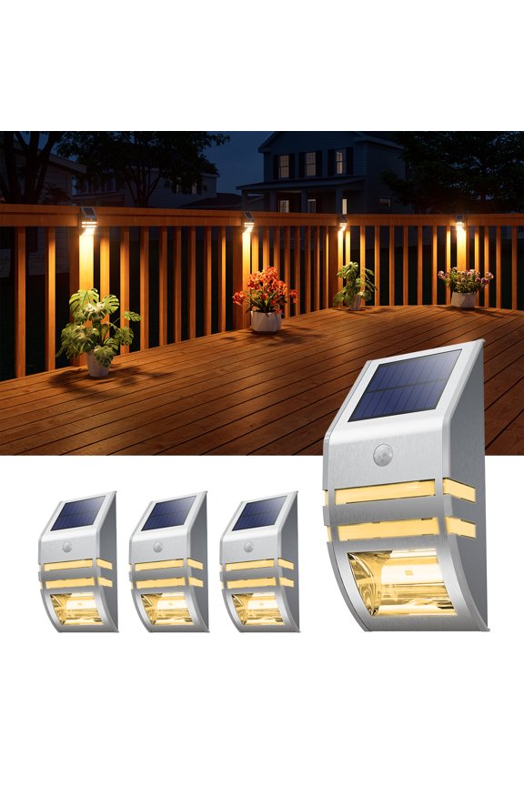 4 Pack Solar Stainless Steel Fence Lights Outdoor Waterproof Motion Sensor Wall Sconce for Backyard Post, Deck, Porch, Stair Rail, Dock, Gate, Steps