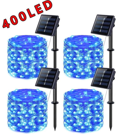 4‑Pack Solar String Lights, 160ft Total 400 LED Solar Fairy Lights, 8 Lighting Modes, IP44 Waterproof Outdoor Copper Wire Lights for Garden Patio Tree Christmas Wedding Party Decor