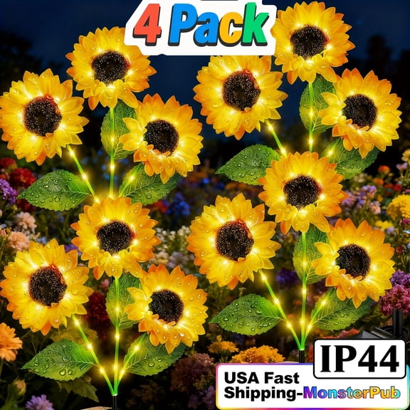 4-Pack Solar Sunflower Outdoor Lights | Waterproof IP44 with 48 LEDs | 3-in-1 Solar Powered Flowers for Yard & Patio | Holiday Decorations & Ideal Gift for Women | Upgraded Garden Path Lighting