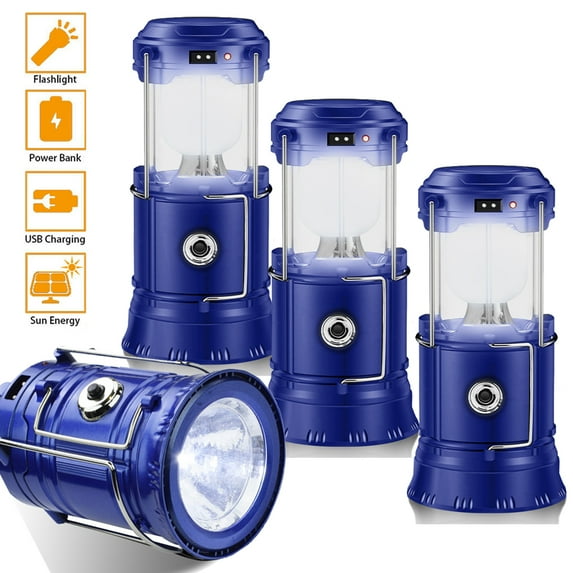 4 Pack Solar USB Rechargeable Power Brightest COB LED Camping Lantern , Charging for Android, Waterproof Collapsible Emergency LED Light - Blue