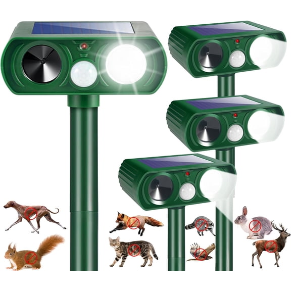 4-Pack Solar Ultrasonic Animal Repellent for Garden Protection Stop Yard Damage Instantly Deer Cat Squirrel Dog Skunk Rabbit & Raccoon Deterrent Weatherproof Outdoor Animal Control Safe for Kid & Pet