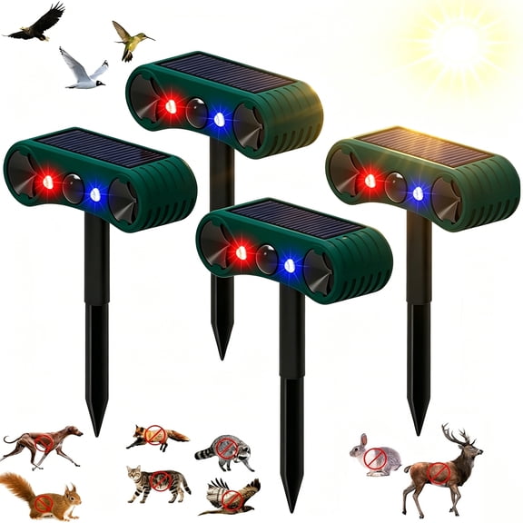 4-Pack Solar Ultrasonic Animal Repeller with Motion Sensor, 130dB Siren & Strobe Lights, 4 Modes, IP55 Waterproof for Outdoor  Deters Deer, Raccoons, Cats, Dogs, Squirrels from Yard, Garden, Farm