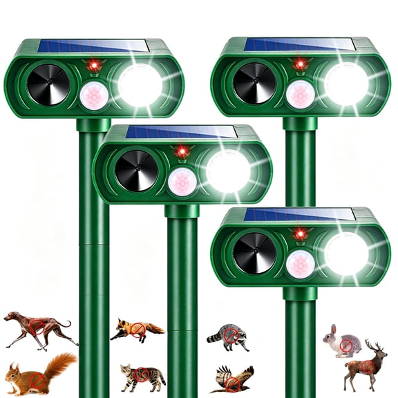 4Pack Solar Ultrasonic Animal Repeller with Motion Sensor & Strobe Light, Waterproof Outdoor Pest Deterrent for Deer, Cats, Rabbits, Squirrels, Raccoons  Protect Garden, Yard, Lawn