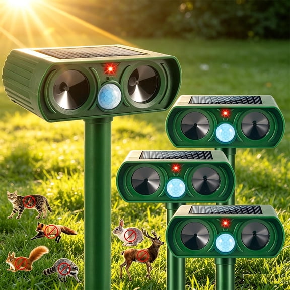 4Pack Solar Ultrasonic Animal Repeller Outdoor, Motion Sensor Deer Repellent with Flashing Light, Waterproof Pest Deterrent for Cat, Squirrel, Rabbit, Raccoon, Dog  Protect Garden, Yard