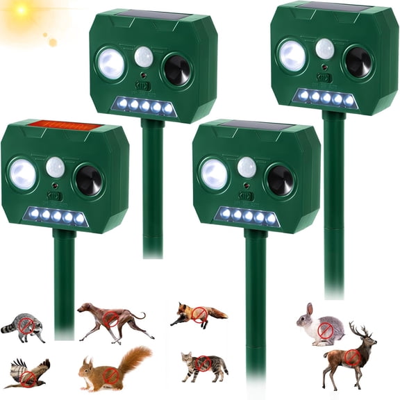 4-Pack Solar Ultrasonic Animal Repeller Outdoor with PIR Motion Sensor & LED Flash, Waterproof Deterrent for Cats, Dogs, Squirrels, Raccoons, Deer, Birds – for Garden, Yard, Farm