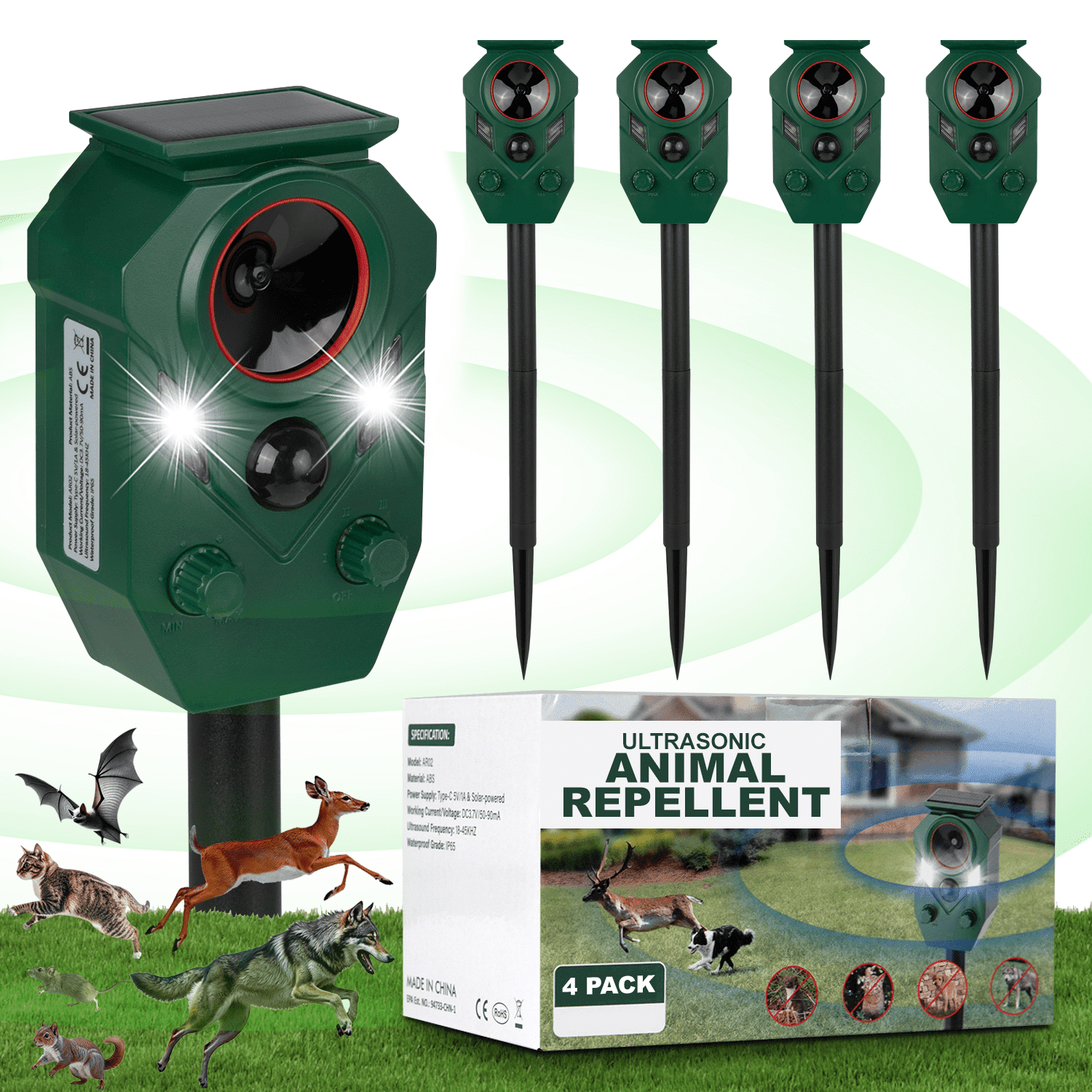 4 Pack Solar Ultrasonic Animal Repeller Outdoor with PIR Sensor and Flashing LED Light, IP65 Waterproof, Deters Cats, Raccoons, Squirrels, Skunks & Rabbits for Yard, Garden & Lawn