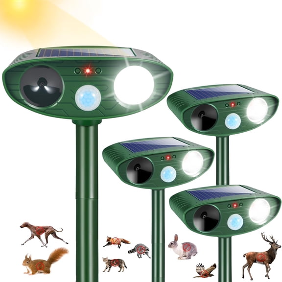 4-Pack Solar Ultrasonic Animal Repeller Outdoor with Strobe Light, Motion Sensor Deterrent for Deer, Cats, Rabbits, Raccoons, Squirrels, Skunks – IP44 Waterproof for Garden, Yard, Farm