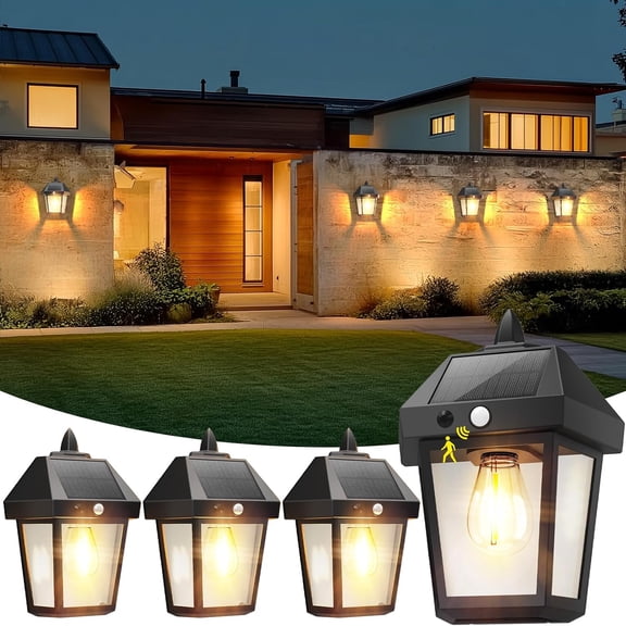 4 Pack Solar Wall Lanterns,9 Inch Solar Porch Light with Motion Sensor, 3 Mode Adjustable Brightness Waterproof Outdoor Wall Lights for Porch Door Patio Fence Garage