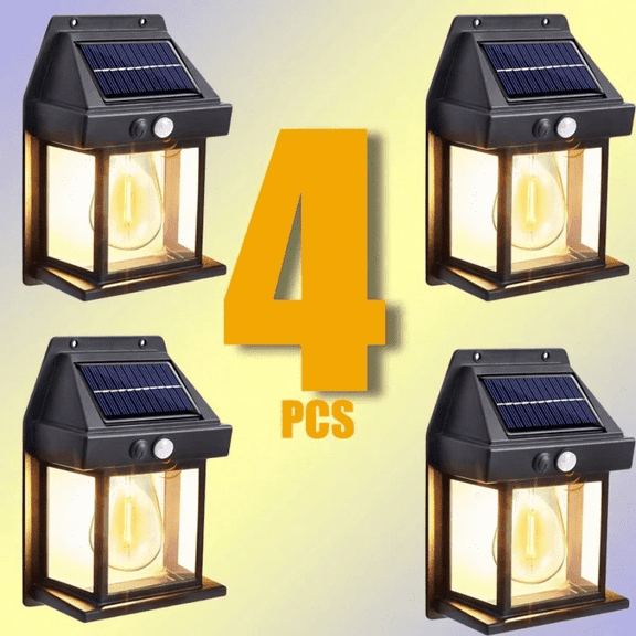 4 Pack Solar Wall Lights Outdoor with Motion Sensor, Warm White Filament Style Solar Porch Lights, Cordless Wall Lanterns for Front Door, Patio, Garden, Courtyard and Fence, White