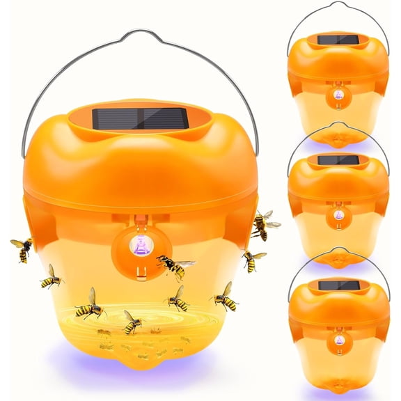 4-Pack Solar Wasp Traps Hanging Reusable Yellow Jacket & Bee Trap with LED Light, Hornet Traps for Orchard, Garden, Farm, Patio & Courtyard, Yellow