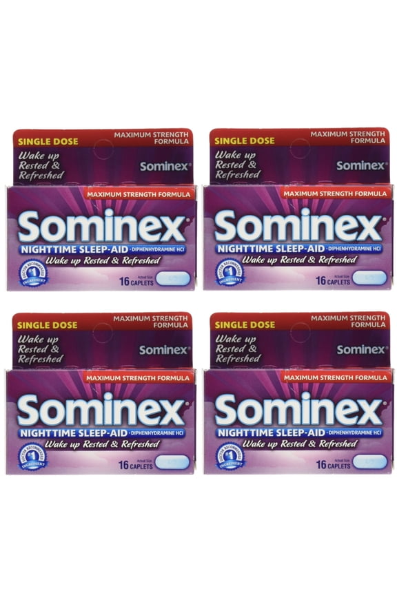 4 Pack Sominex Nighttime Sleep-Aid Maximum Strength 16 Caplets Each