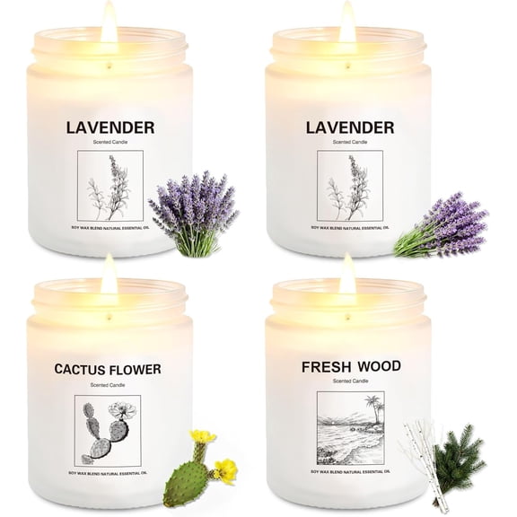 4 Pack Soy Wax Candle Gift Set Long Lasting Aromatherapy Candles for Home, Lavender, Cactus Flower & Wood Scents, Natural Relaxing Spa Candles for Women