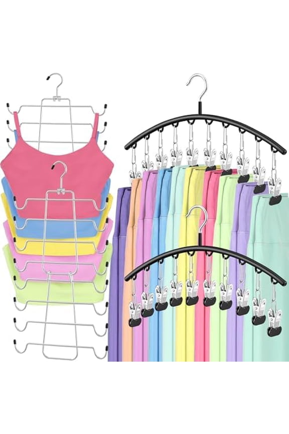 4 Pack Space Saving Hangers,2Pack Tank Top Hanger and 2Pack Leggings Organizers for Closet Pants Hangers with 20 Clips Bra Organizers with 16 Hooks Stainless Steel Hanging Closet Organizer