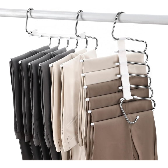 4 Pack Space Saving Pants Hangers, 6 Tier Collapsible Closet Organizer, Stainless Steel Multi Layer Clothes Rack, Non Slip Metal Hangers for Jeans, Trousers, Skirts