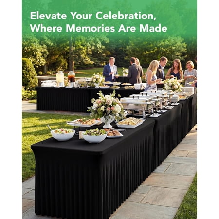 4 Pack Spandex Table Cover Skirts for 4 ft Rectangle Tables, Black Stretch Table Cloths with Floor-Length Ruffle, Elastic Fitted Skirted Tablecloth for Elegant Wedding Banquet Party Buffet Decoration