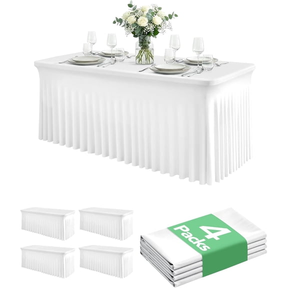 4 Pack Spandex Table Cover Skirts for 4 ft Rectangle Tables, White Stretch Table Cloths with Floor-Length Ruffle, Elastic Fitted Skirted Tablecloth for Elegant Wedding Banquet Party Buffet Decoration