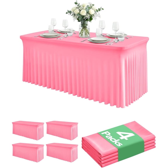 4 Pack Spandex Table Cover Skirts for 6ft Rectangle Tables, Pink Stretch Table Cloths with Floor-Length Ruffle, Elastic Fitted Skirted Tablecloth for Elegant Wedding Banquet Party Buffet Decoration
