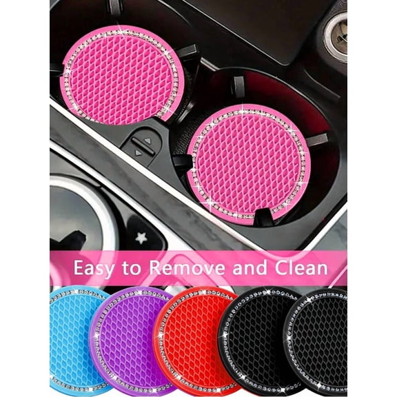 4-Pack Sparkling Rhinestone Crystal Car Cup Holder Coasters, 2.75" Universal Round Anti-Slip Silicone Cup Mats, Bling Shiny Interior Beverage Pad Set for Auto Cup Holders, Decorative Women's Car Acce
